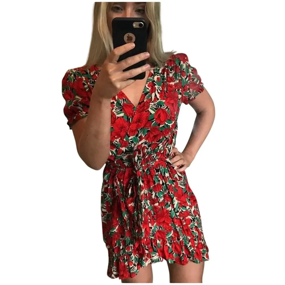 Zara Floral Vibrant Roses Whimsical Wrap Knee Length Dress Size Large. - Picture 4 of 5